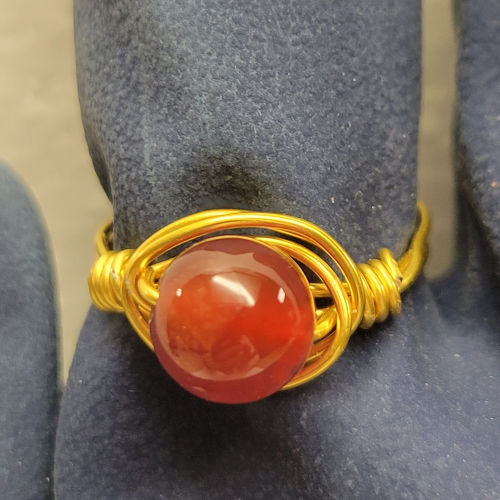 Hand Crafted Gold Wire Wrapped Natural Carnelian Bead Ring